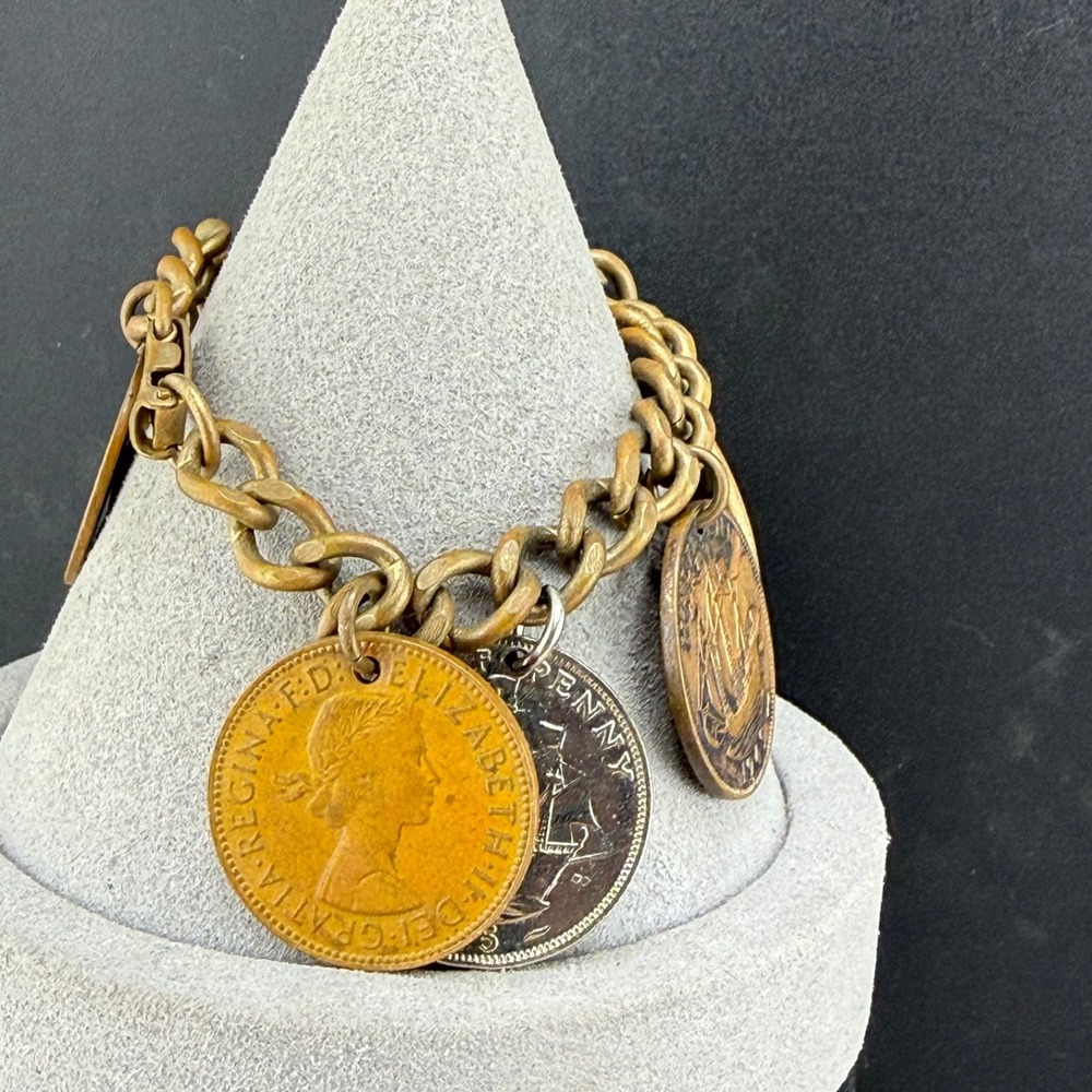 Vintage Estate Coin Charm Bracelet Gold Tone Brass Dangle 6.5"
